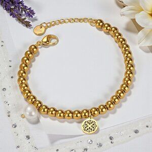 🆕Boho Chic Mandala Pearl Charm Bracelet 18K Gold Plated 316L Stainless Steel